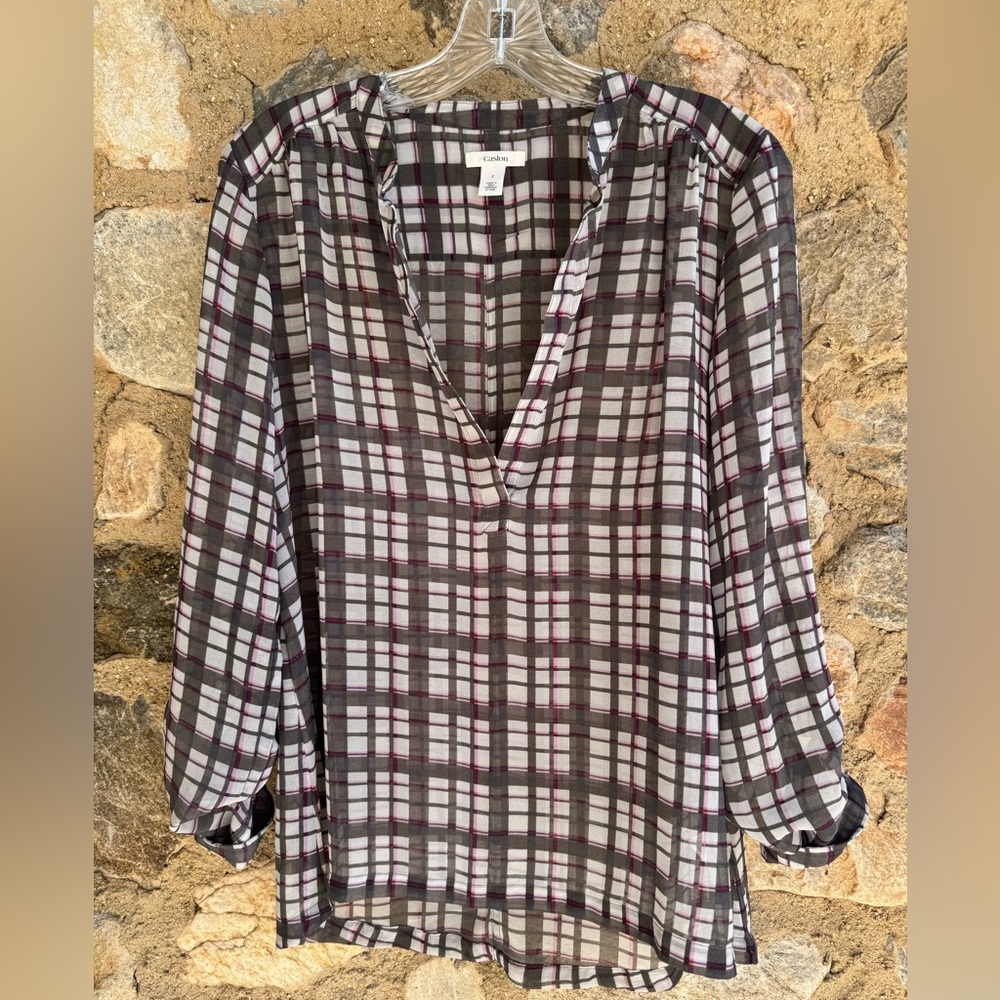 Caslon Plaid Tunic Blouse Pink & Gray V-Neck Size Small